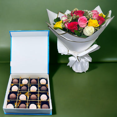 Enchanting Rose Harmony, 25 Red Roses, Stylish Black Wrap Bouquet, Assorted Truffle Chocolate Box, 16pcs